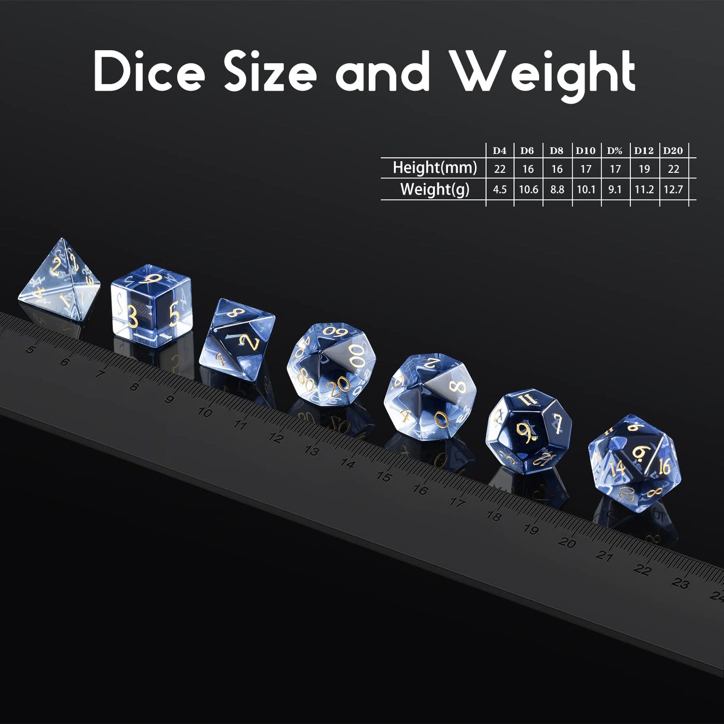 Glass DND Dice Set DNDND 7 Piece Zircon Dice with Great Gift Box for D&D Dungeons and Dragon Tabletop Game (Blue Glass with Gold