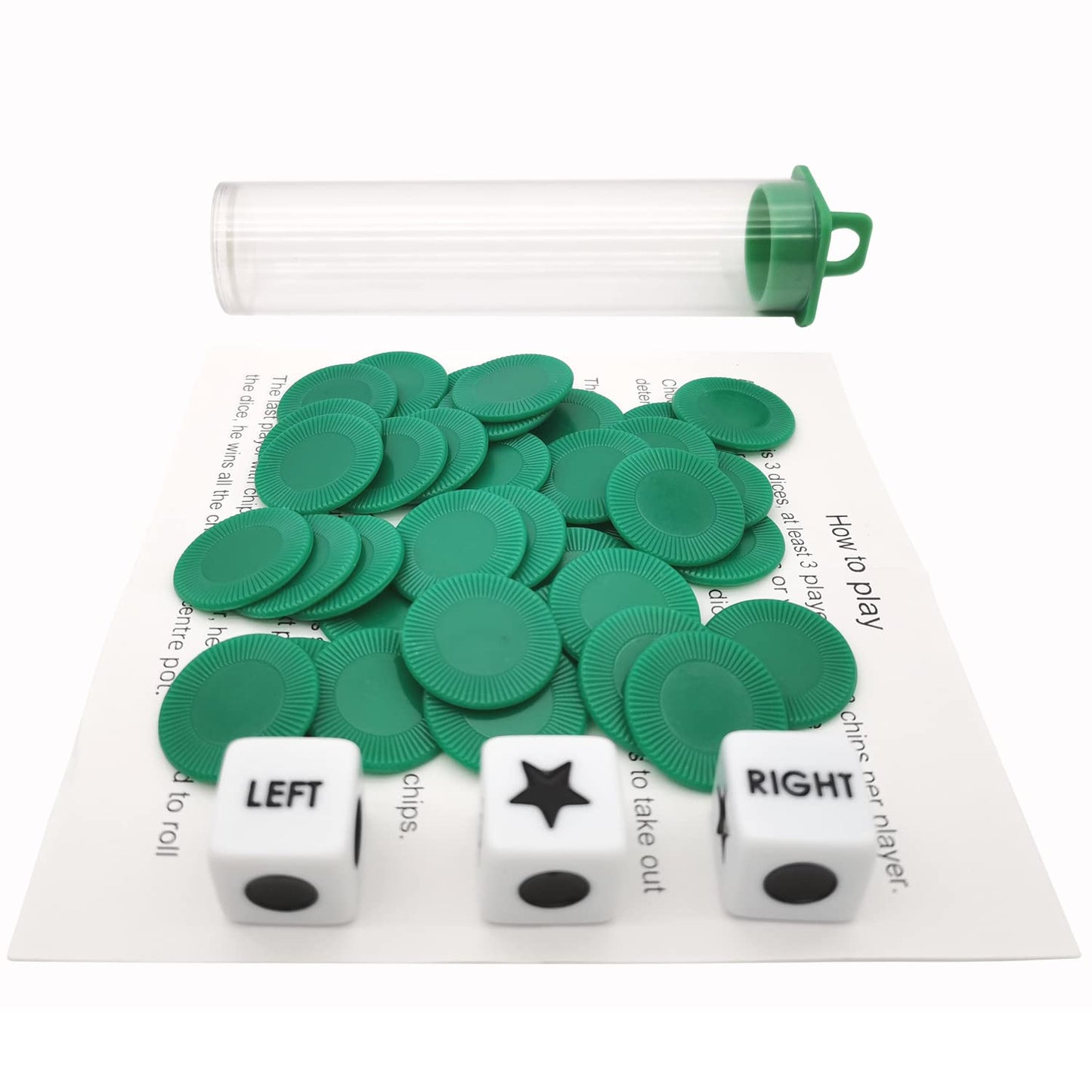 Ahoper Left Right Center Dice Game Prime Set Bundle With 3 Dices + 36 Chips. Round Tube Storage Is Very Convenient For Travel. Easy To Store, Carry Around. (Green)