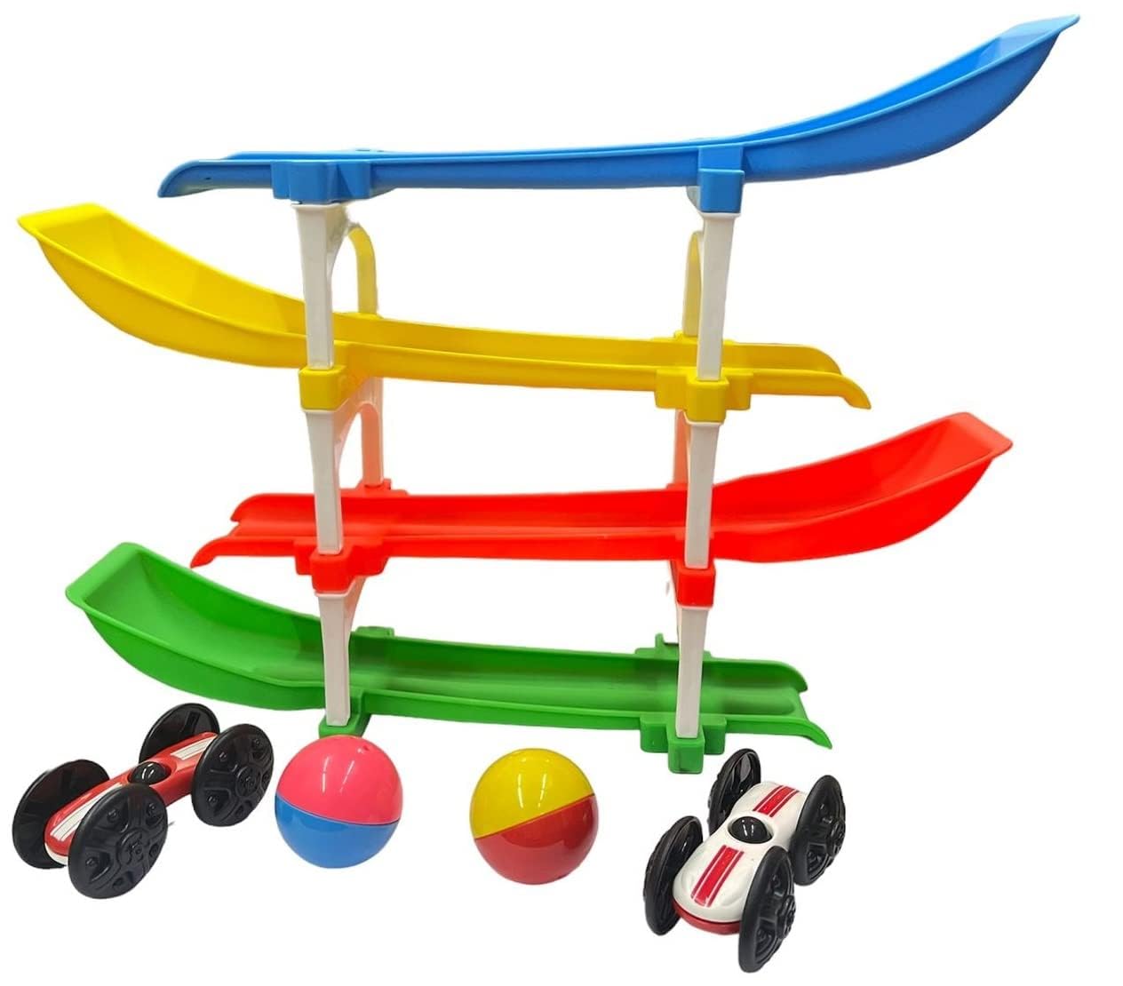 Salika Store Rolling & Flipping Race Car Track Toy With 2 Racer Cars And 2 Rattle Balls | Montessori Learning Vehicle Set For To