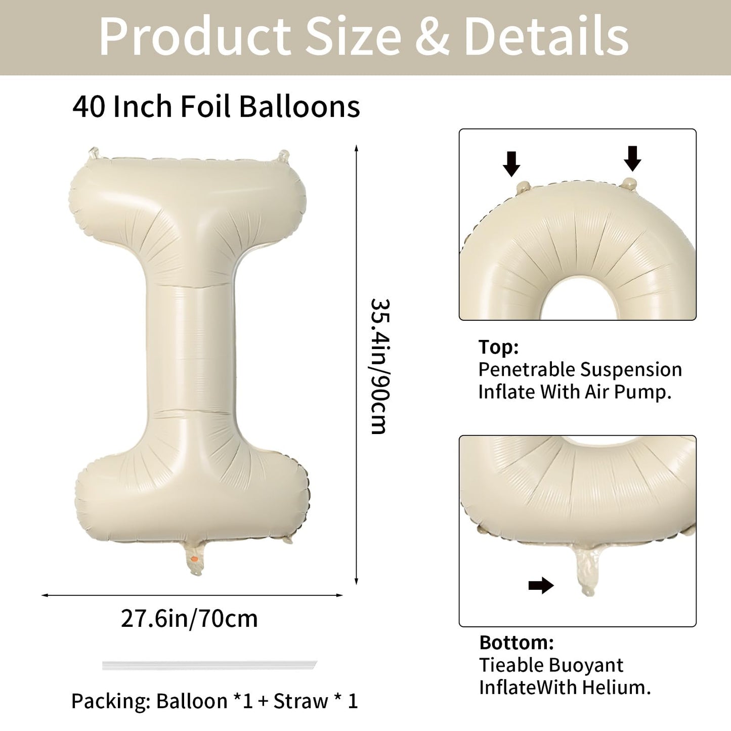 Biapian 40 Inch Letter I Balloons, Giant Cream I Foil Balloon, Big Single Alphabet A-Z Balloons, Beige Large Aluminum I Balloons