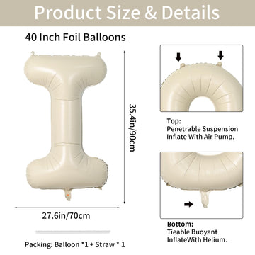 Biapian 40 Inch Letter I Balloons, Giant Cream I Foil Balloon, Big Single Alphabet A-Z Balloons, Beige Large Aluminum I Balloons