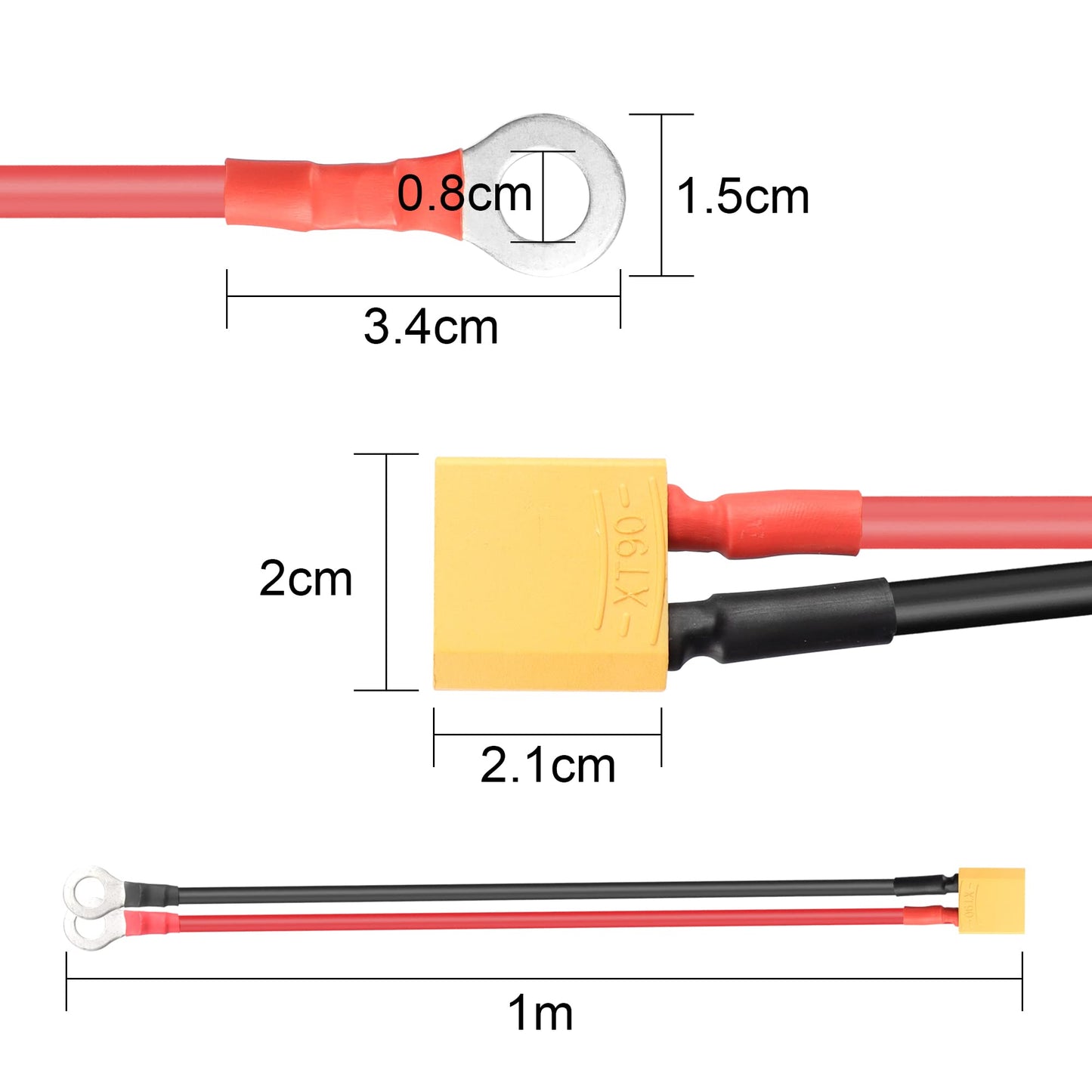 RIIEYOCA XT90 to O Ring Terminal Cable, 1M 10AWG Silicone Wire, Black, Model RII-0006 for RC Lipo Battery FPV Racing Drone