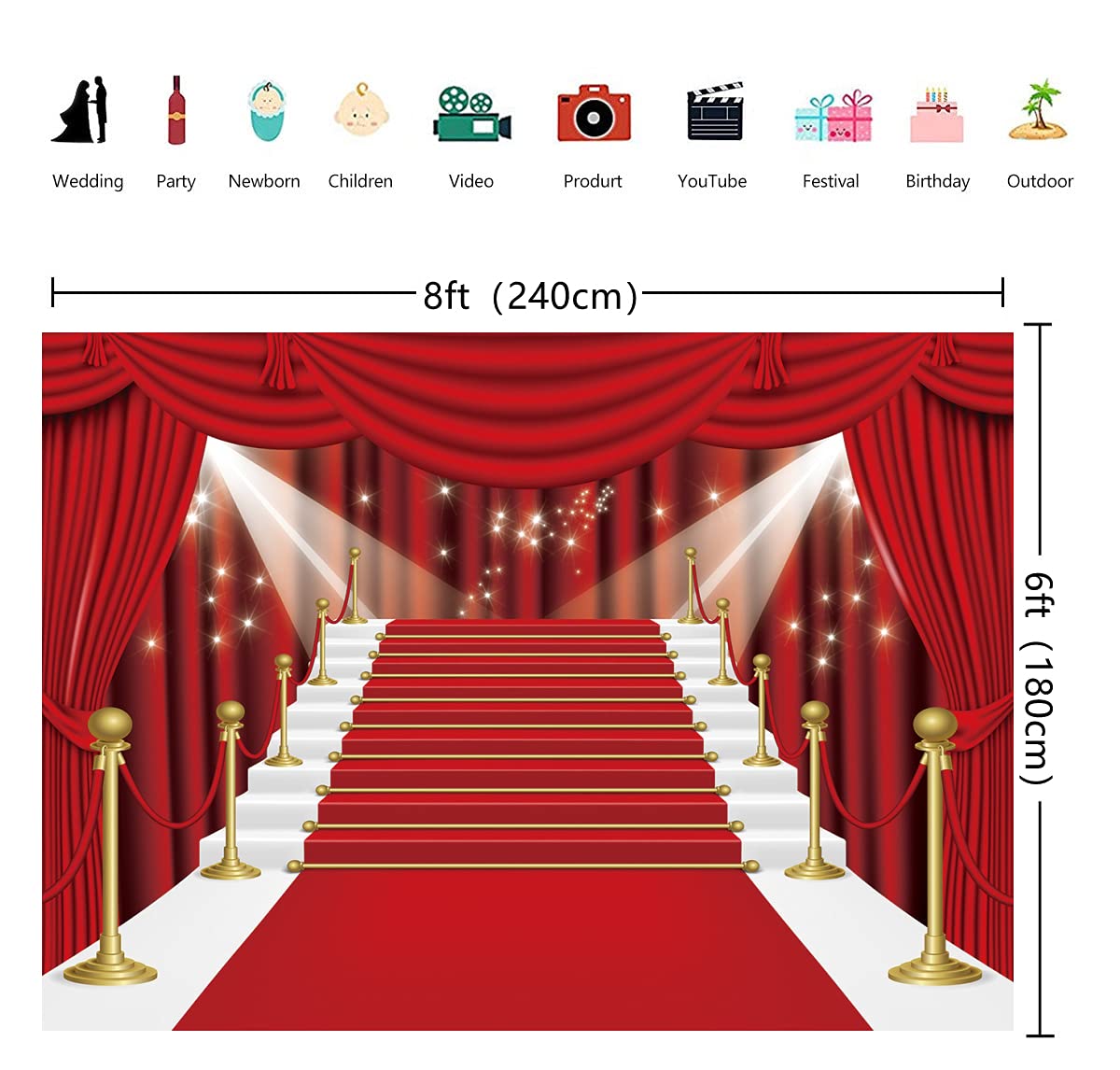 Inrui Red Curtain Stage Photography Background Red Carpet Film Red Curtain Stars Celebrity Party Banner Backdrop (8X6Ft)