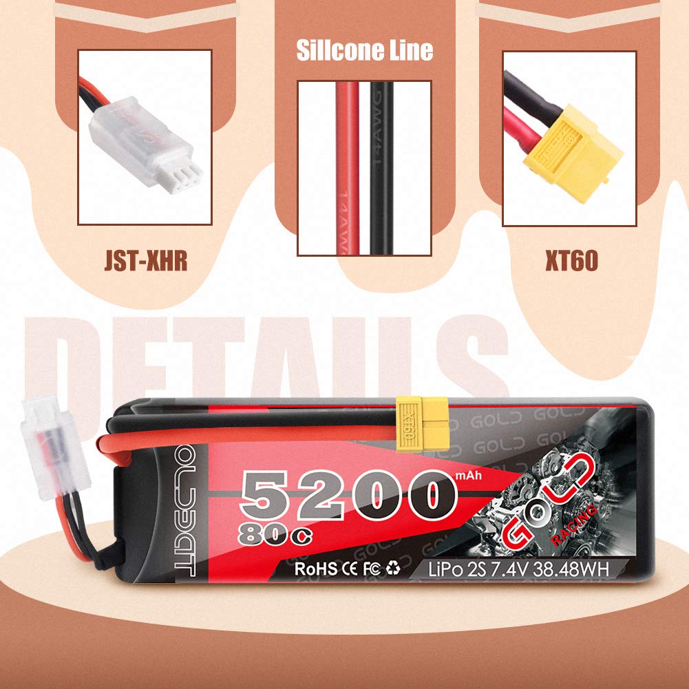 Goldbat 5200Mah 80C 2S 7.4V Rc Lipo Battery Hard Case With Xt60 Plug For Rc Evader Bx Car Rc Truck Rc Truggy Racing (2 Pack)