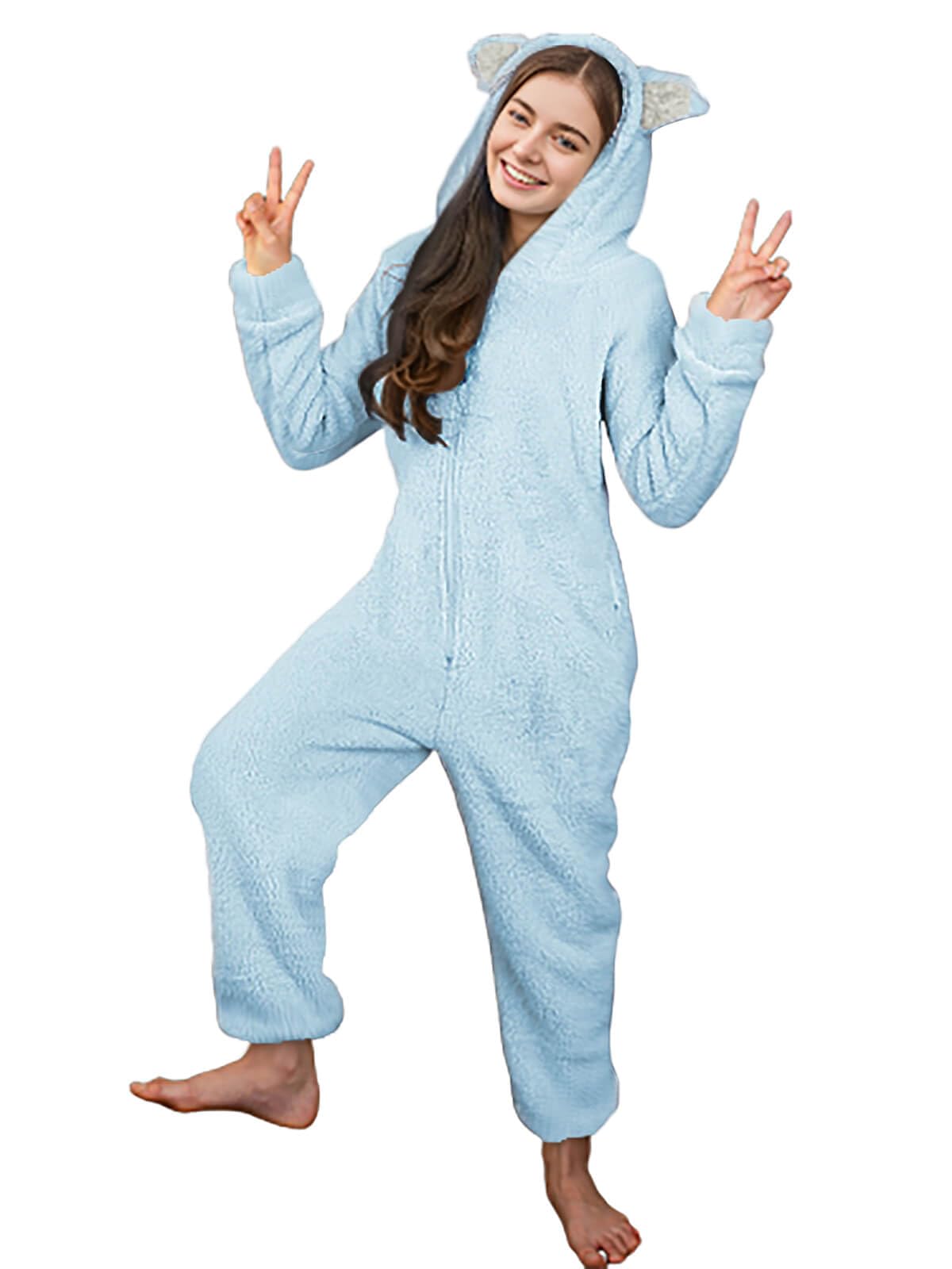 Batermoon Girls Fleece Zip Up Jumpsuits Kids Hooded Rompers Costume Winter Clothes 5-14 Years