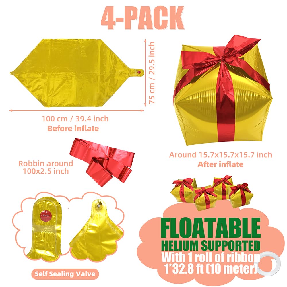 Deermon Large 4 Piece Gold Christmas Square Shape Gift Box Party Balloons With Red Ribbon, Present Cube Gift Box Mylar Party Dec