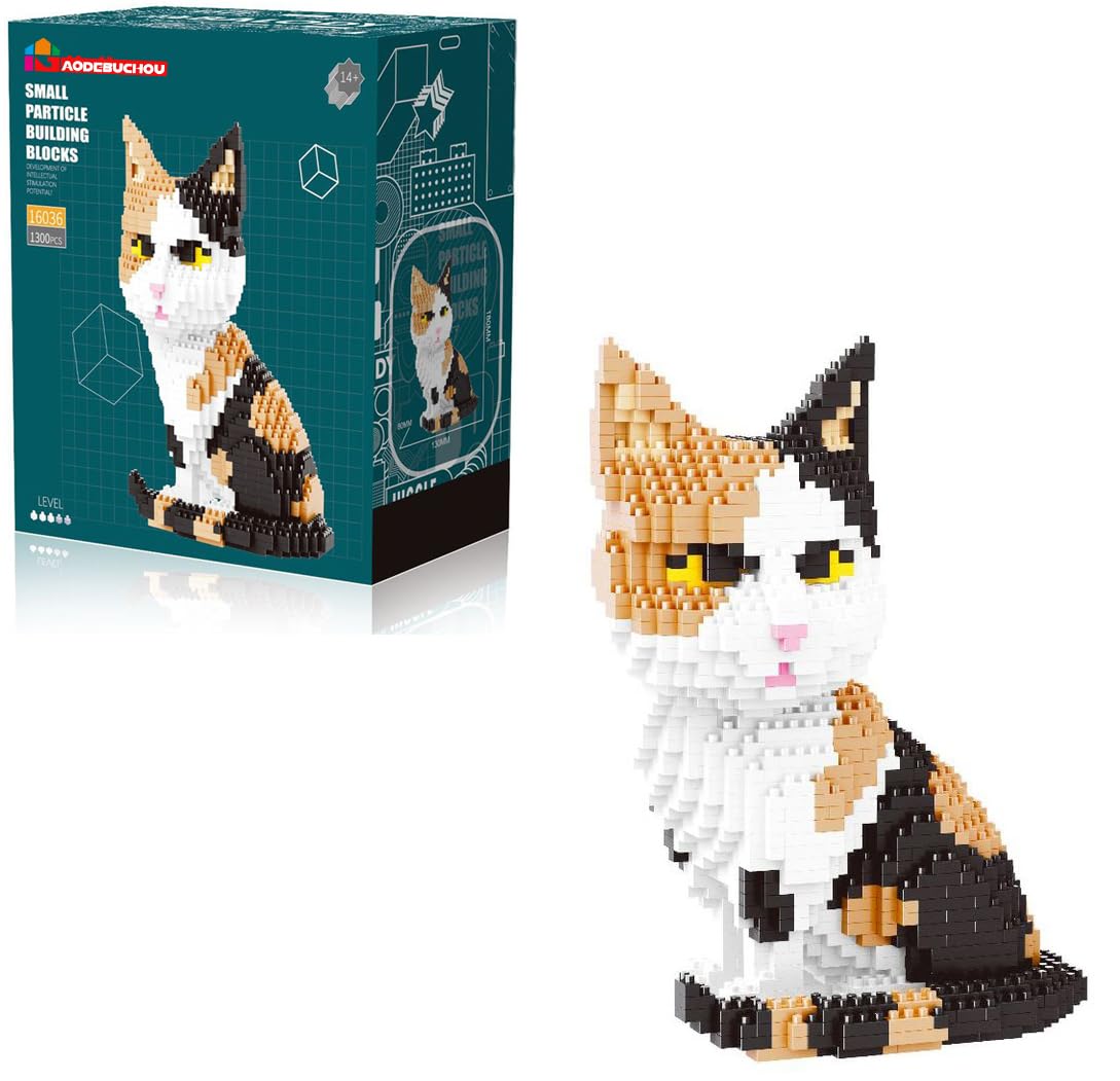 GaoDeBuChou Cat 3D Micro Puzzle Building Block Set, 1300 PCS, Calico, Medium, STEM Gift for Ages 8-14