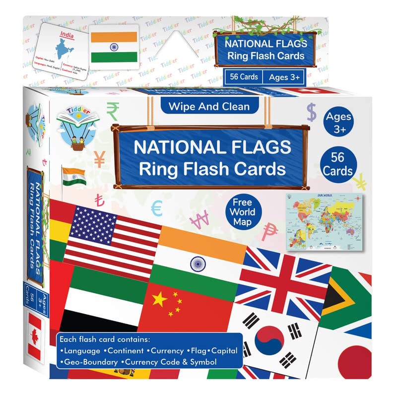 Tiddler World Country Flag Flashcards for Kids.56 Countries free World Map 52*39 cm & Ring IWipe & Clean National Countries, Cap