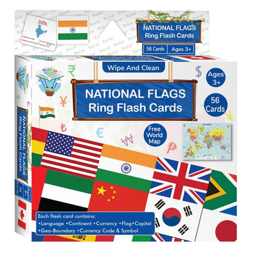 Tiddler World Country Flag Flashcards for Kids.56 Countries free World Map 52*39 cm & Ring IWipe & Clean National Countries, Cap