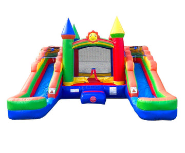 Inflatable Bounce House and Double Slide Combo Unit (Without Blower) - 16.5 x 15 x 11 Foot- Crossover Rainbow Castle Combo Bounc