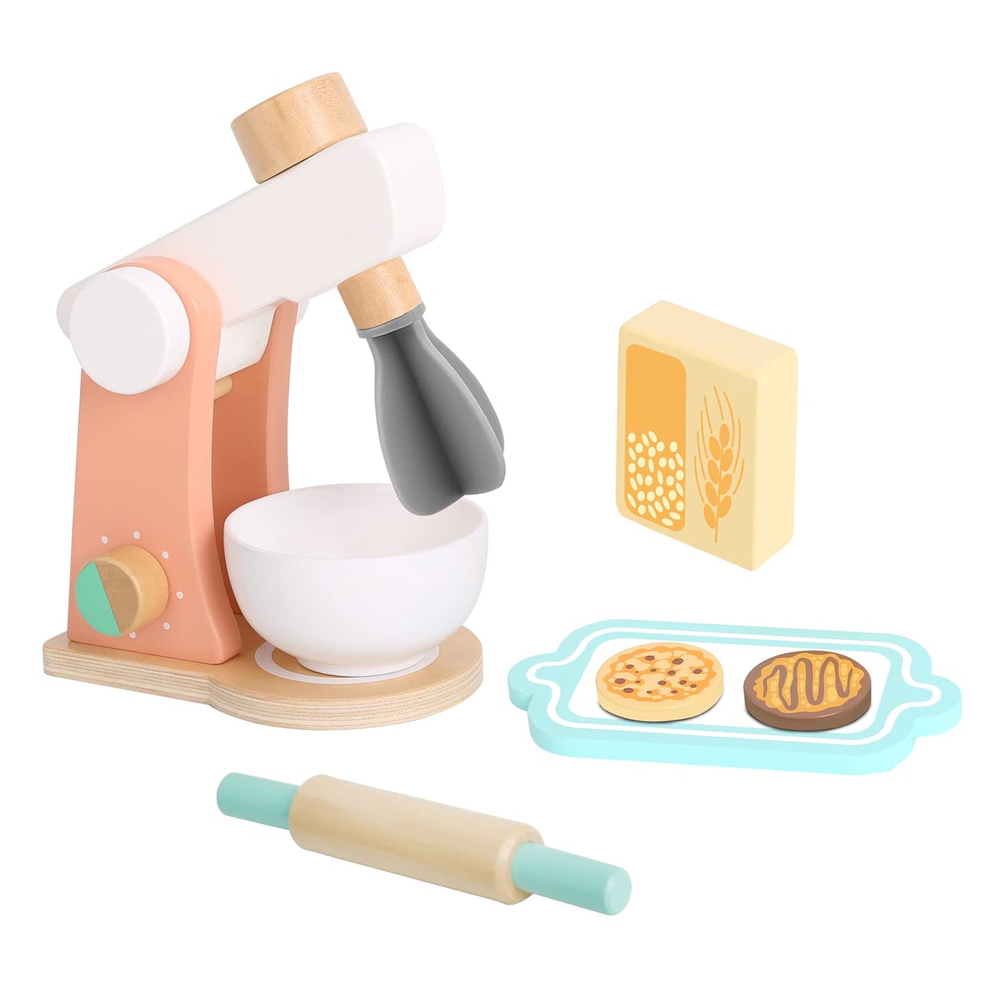 TOOKYLAND Wooden Kitchen Mixer for Kids Age 3 and Up, Wooden Play Kitchen Set with Accessories, Rolling Pin, Tray, Bowl, Biscuit