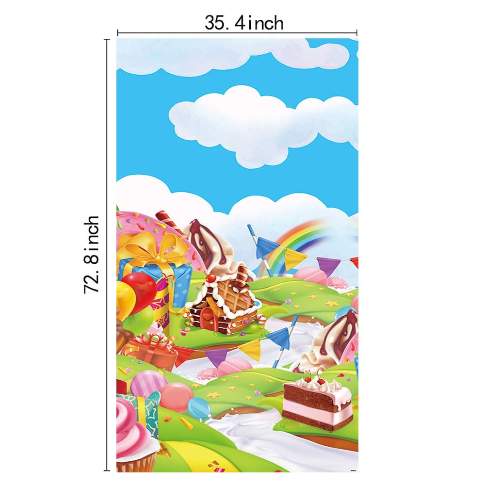 DOTOOMA 35.4 x 72.8 Inches Candyland Sweet Cartoon Rainbow Doughnut Color Flag Balloon Biscuit House Ice Cream Theme Yard Door B