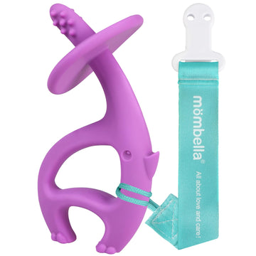 Mombella Baby Teething Toys For Babies 3 6 12 Months With Attachment To Clip On, Soft Silicone Teether Toys, 2 In 1 Elephant Tee