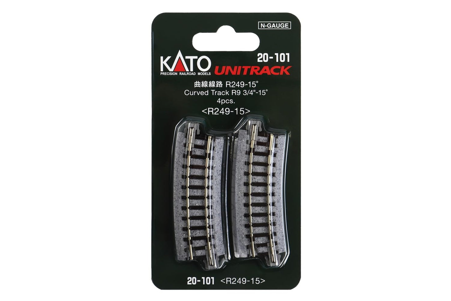 Kato USA Model Train Products Unitrack, 249mm (9 3/4'') Radius 15-Degree Curve Track (4-Piece)