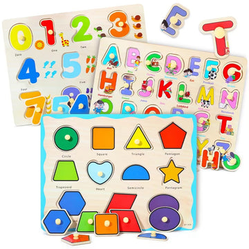 Grinnnie Wooden Montessori Toddler Puzzles For 1 2 3 4 Years Old, 3 Pcs (Number, Letter, Shape) Kids Preschool Educational Peg Puzzle Set