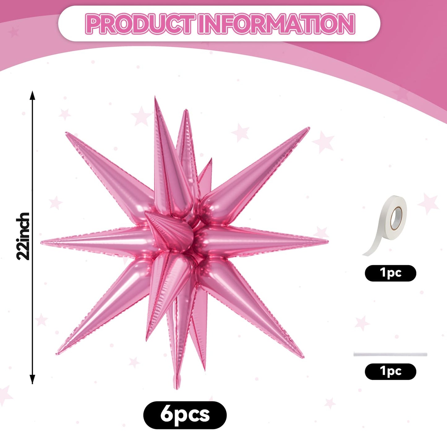 6PCS Star Balloons, 22Inch Large Pink Star Balloon Explosion Foil Balloons Cone Spike Balloon for Birthday Graduation Wedding An