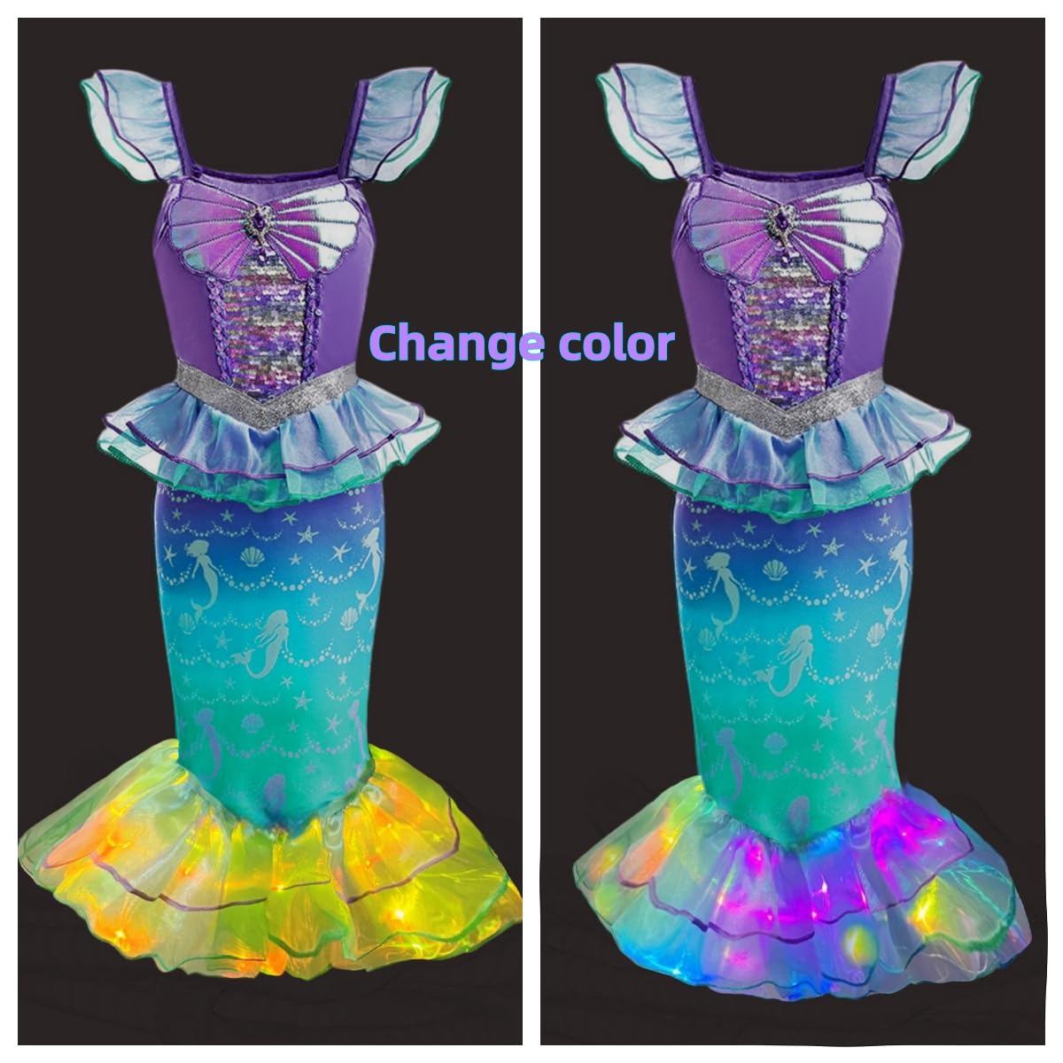 LEDPATY Girls Mermaid Costumes Little Mermaid Dress Glow Princess Dress for Kids with Accesseries Halloween Birthday Party 7-8T