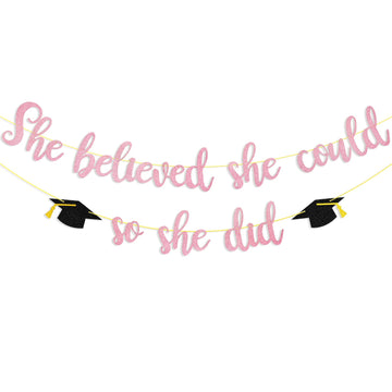 She Believed She Could So She Did Banner Decorations - Pink Glitter She Did It 2024 Garland Graduation Bunting Banner, Congrats