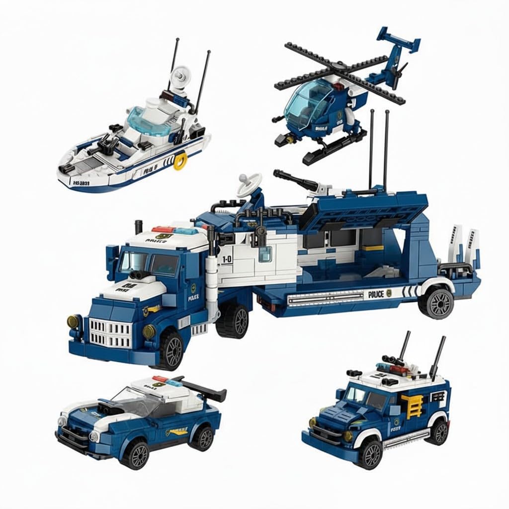 Sky Line Ocean Title 4In1 Police Truck Building Block Set, 1085+ Pcs MultiModel Police Vehicle Kit With Truck, Patrol Units &