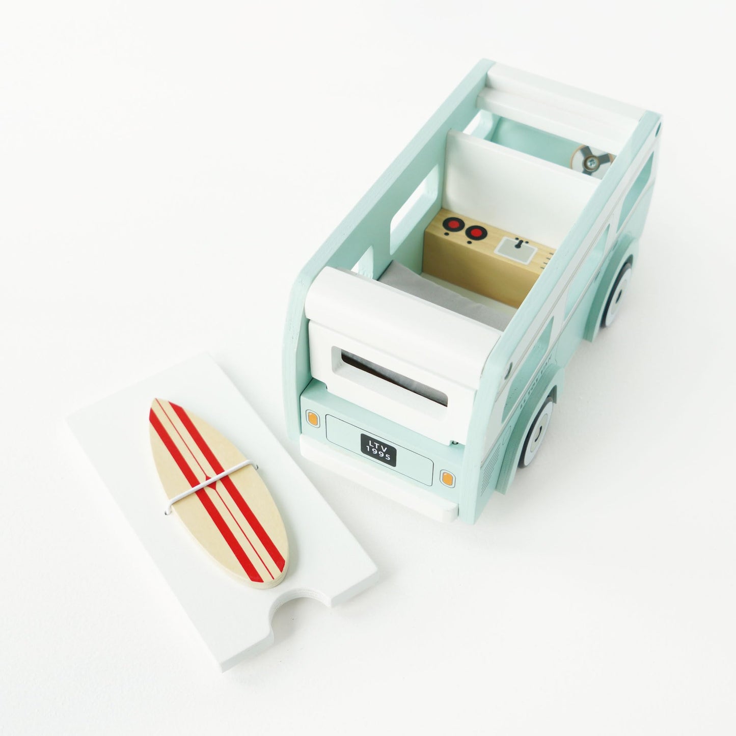 Le Toy Van Wooden Holiday Campervan - Blue, One Size, Model TV478, Includes Detachable Surfboard, Ideal for 3 Year Olds+