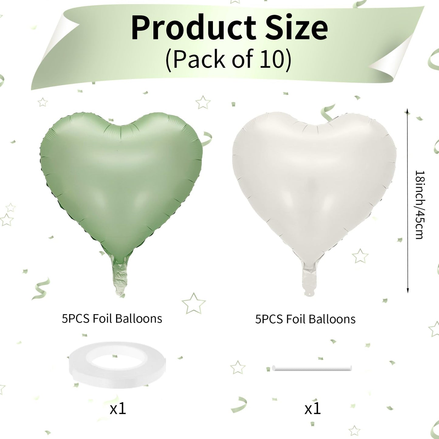 Sage Green White Heart Balloons, 10Pcs Green Beige Foil Heart Balloons, 18Inch Olive Green Cream White Heart Shape Balloons For