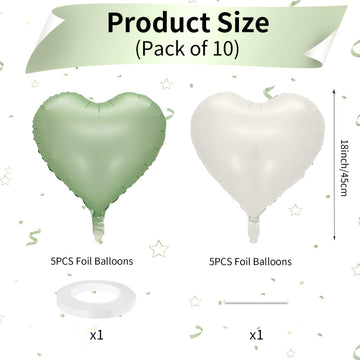 Sage Green White Heart Balloons, 10Pcs Green Beige Foil Heart Balloons, 18Inch Olive Green Cream White Heart Shape Balloons For