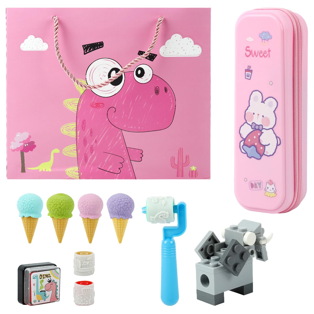 Climberty Cute Pink Stationery Gift Set For Girls, Cartoon Pencil Box With Pencil, Eraser And Stamp, School Supplies Kit For Kid