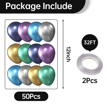 Kalor 12 Inch Metallic Multicolor Balloons, 50 Pcs Latex Helium Metallic Balloons For Kid'S Birthday Party, Baby Shower, Wedding, Graduate Party Decorations