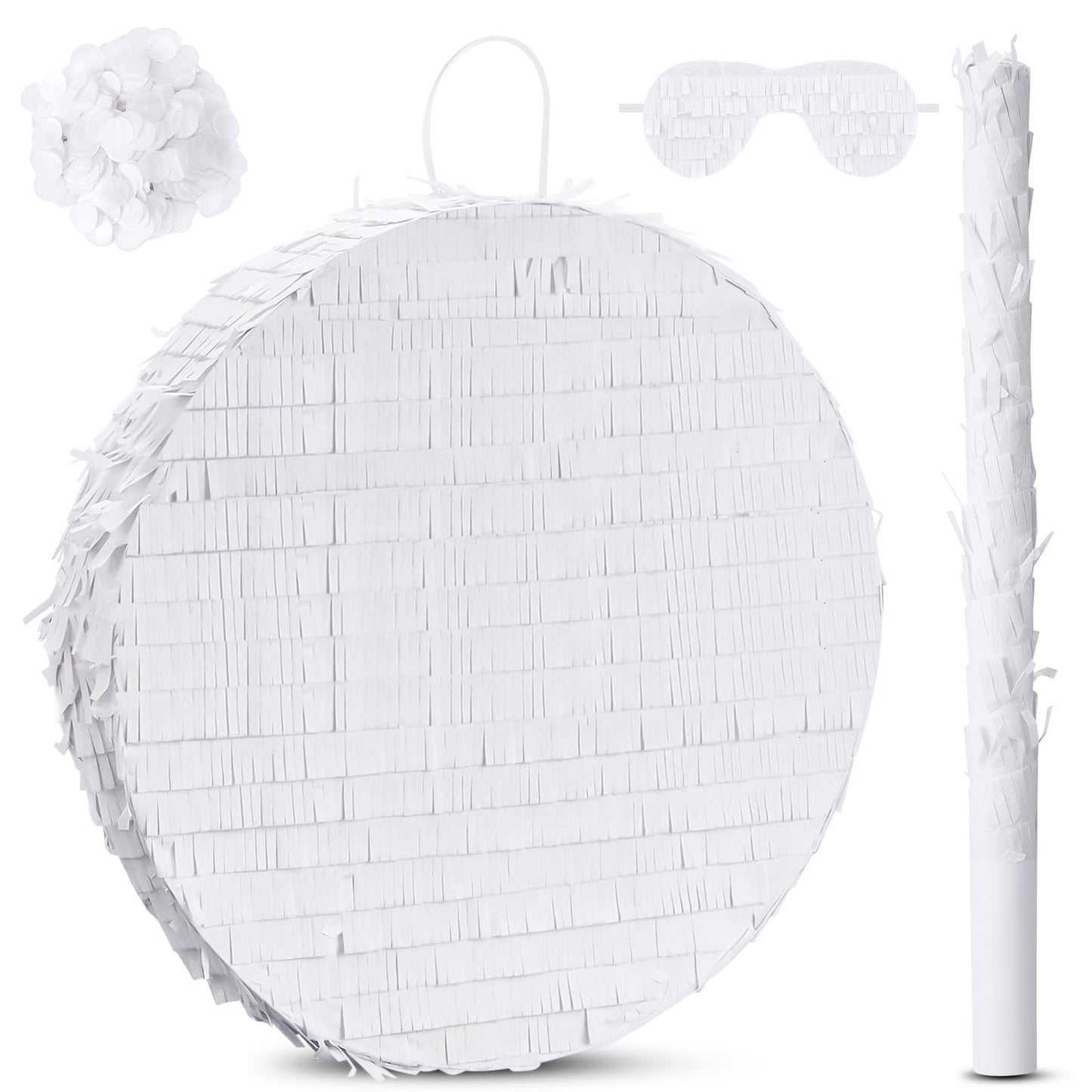 Jenaai 16 Round Blank Piata with Stick, Blindfold and Confetti for Adults and Kids Birthday Parties(White)
