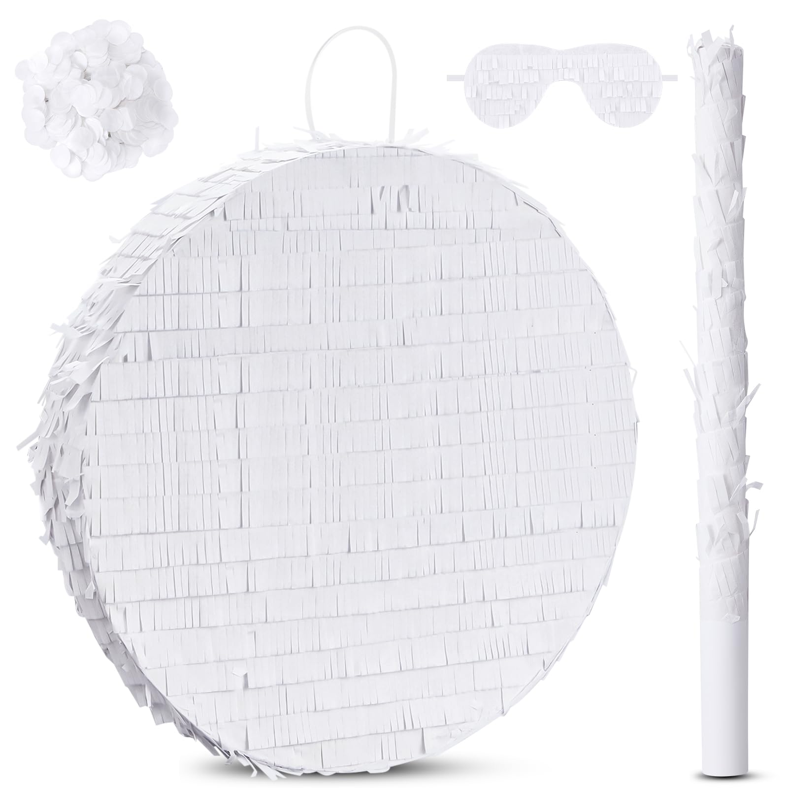 Jenaai 16 Round Blank Piata with Stick, Blindfold and Confetti for Adults and Kids Birthday Parties(White)