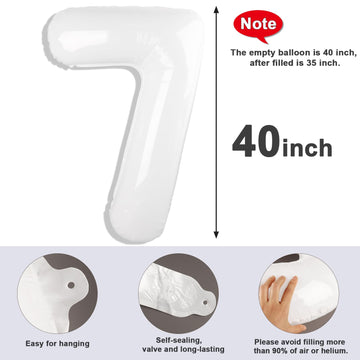 Number 7 Balloon 40 Inch White Seven Birthday Decorations, 7 17 27 70 Year Old Balloon, Mylar Foil Balloon Number For Engagement