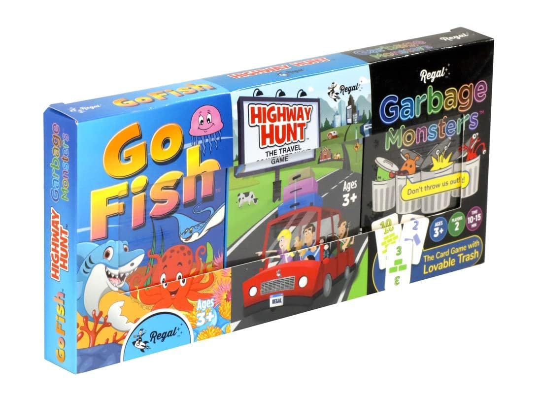 Regal Games - Go Fish, Garbage Monsters, Highway Hunt Card Games Set - Family-Friendly, Fun Card Games - Search & Find, Matching