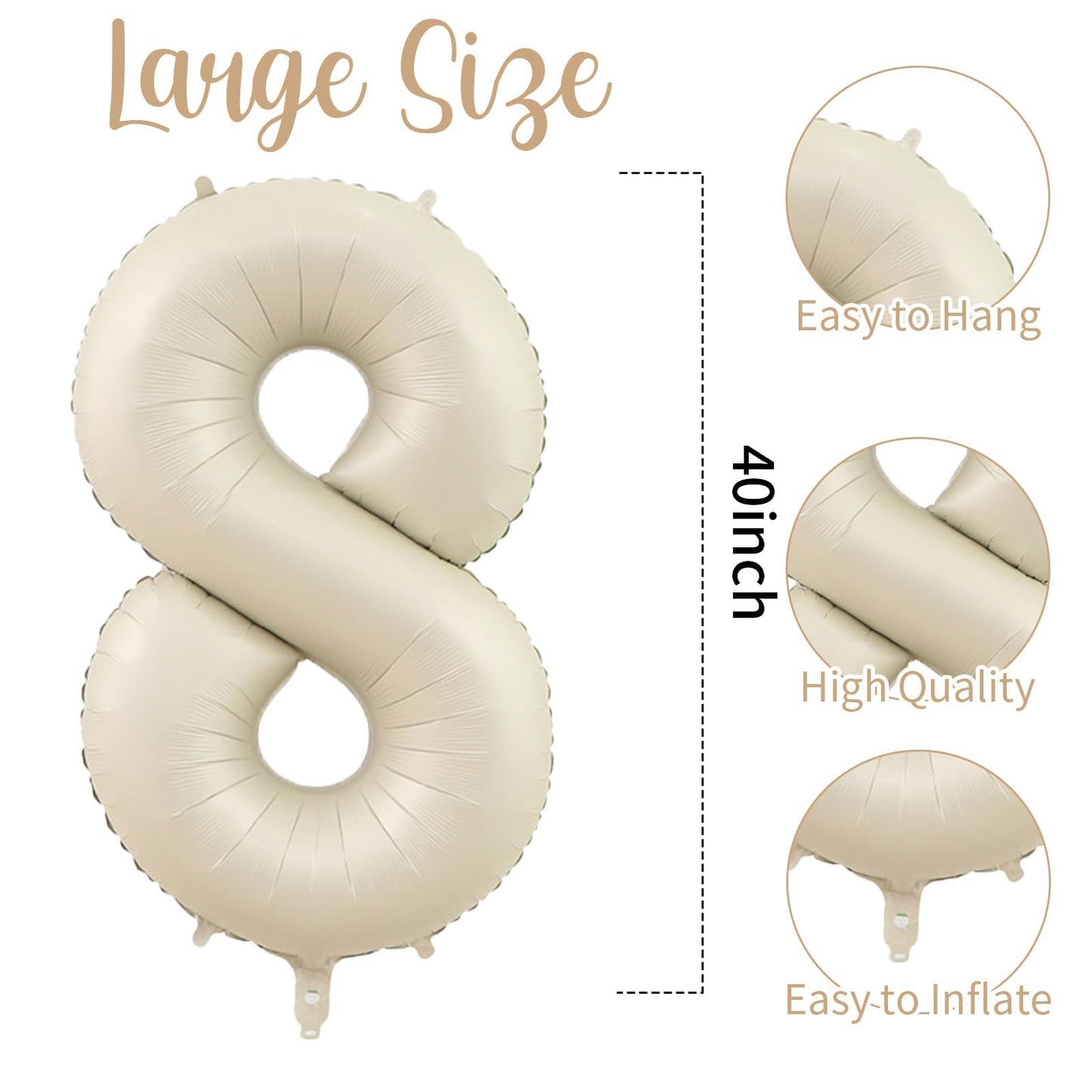 40 Inch Cream White 8 Balloon Numbers, Large Number 8 Balloon Foil Helium Number Balloons, Big 8 Mylar Birthday Balloons For Boy