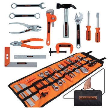 BLACK+DECKER Kids Tool Bag Set 13-Piece Junior Roll Up Bag Pretend Play Tools, Hammer, Phillips Screwdriver, Pliers, Adjustable