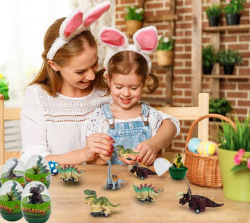 Easter Egg Prefilled with Dinosaur Pull Back Cars Toys, 4 Pcs Jumbo T-Rex Triceratops Dino for Basket Stuffers, Party Favors, Gi