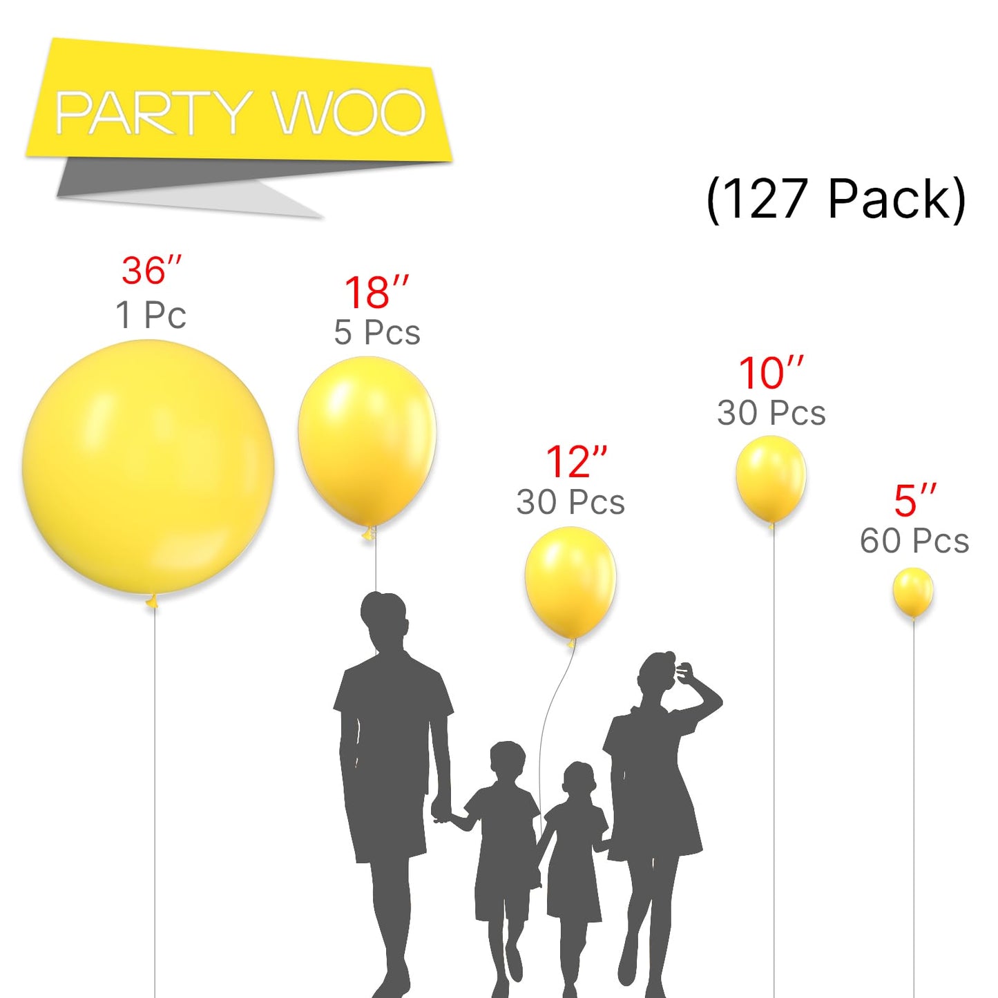 Partywoo Yellow Balloons, 127 Pcs Matte Yellow Balloons Different Sizes Pack Of 36 Inch 18 Inch 12 Inch 10 Inch 5 Inch Yellow Latex Balloons For Balloon Garland Arch As Party Decorations, Yellow-Y55