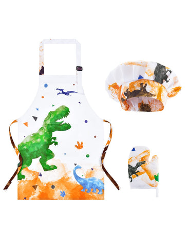 Wernnsai Dinosaur Apron Set - Waterproof Chef Artist Cooking Aprons For Kids Boys Toddler Kitchen Apron With Adjustable Strap Pocket Chef Hat And Mittens For Baking Painting (Extra Small, 2-5 Years)