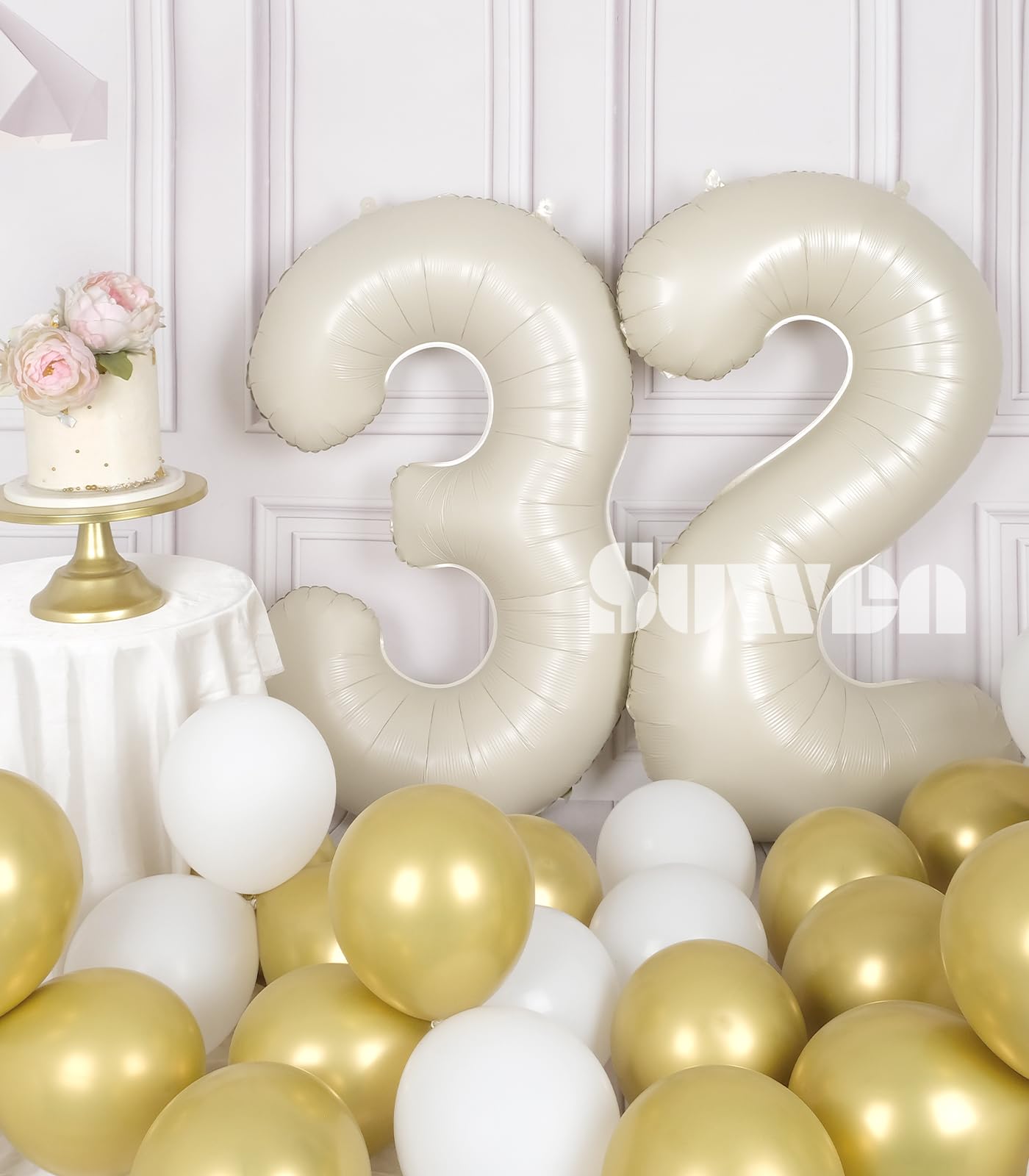 Suwen 40 Inch Large Cream White 32 Balloon Numbers Big Foil Helium Number Balloons 0-9 Jumbo Happy 32Nd Mylar Birthday Party Dec