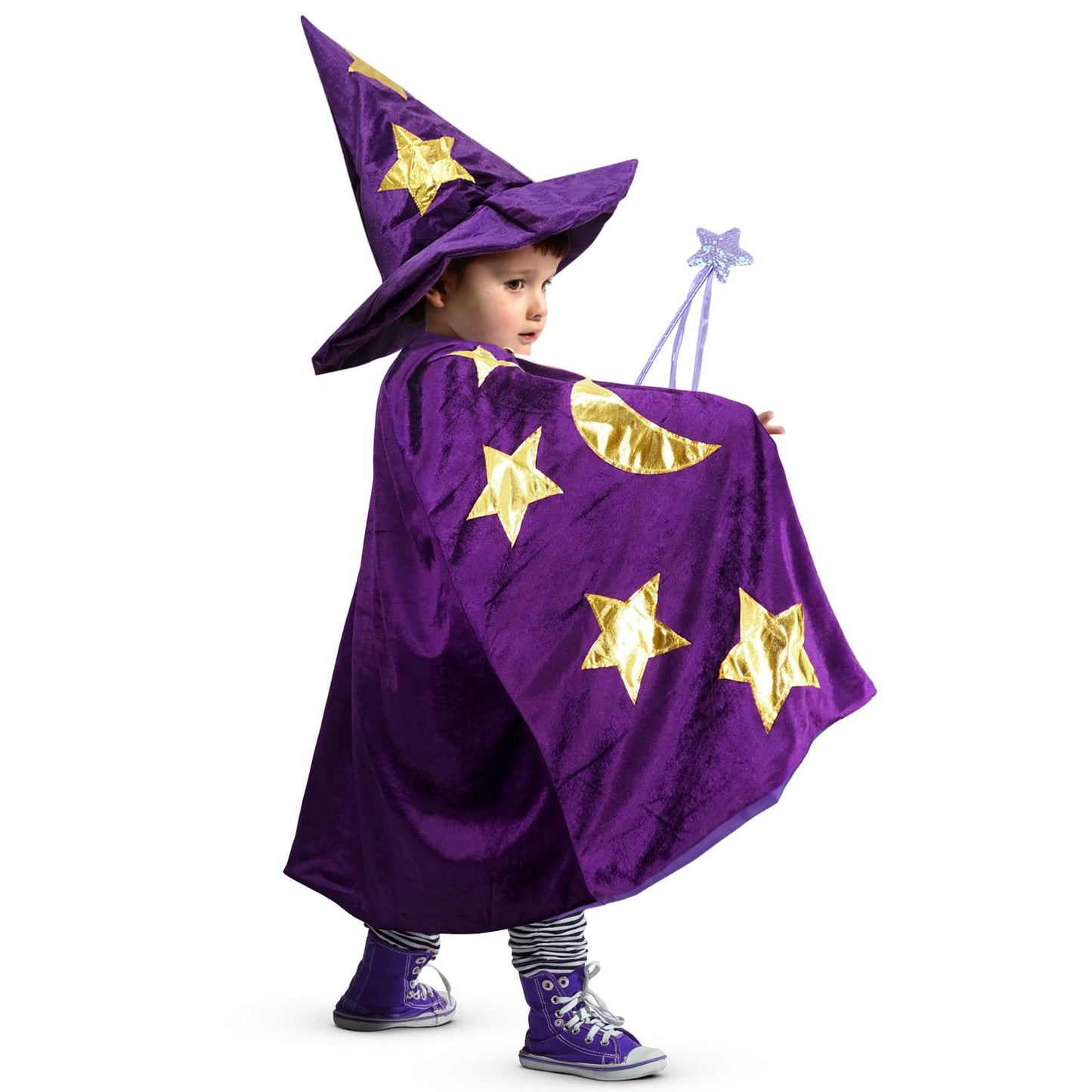 Kids Wizard Witch Cloak With Hat And Wand, Halloween Boys And Girls Cape Costume Props For Cosplay Party Fancy Dress (Purple)