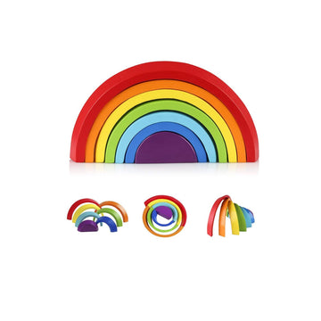Coogam Wooden Rainbow Stacker Nesting Puzzle Blocks - Tunnel Stacking Game Building Creative Color Shape Matching Jigsaw Learning Toy Set Board Early Development Gift For Kids Boy Girl