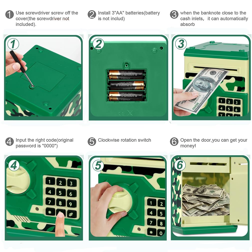 Setibre Piggy Bank, Electronic Atm Password Cash Coin Can Auto Scroll Paper Money Saving Box Toy Gift For Kids (Camouflage Green)