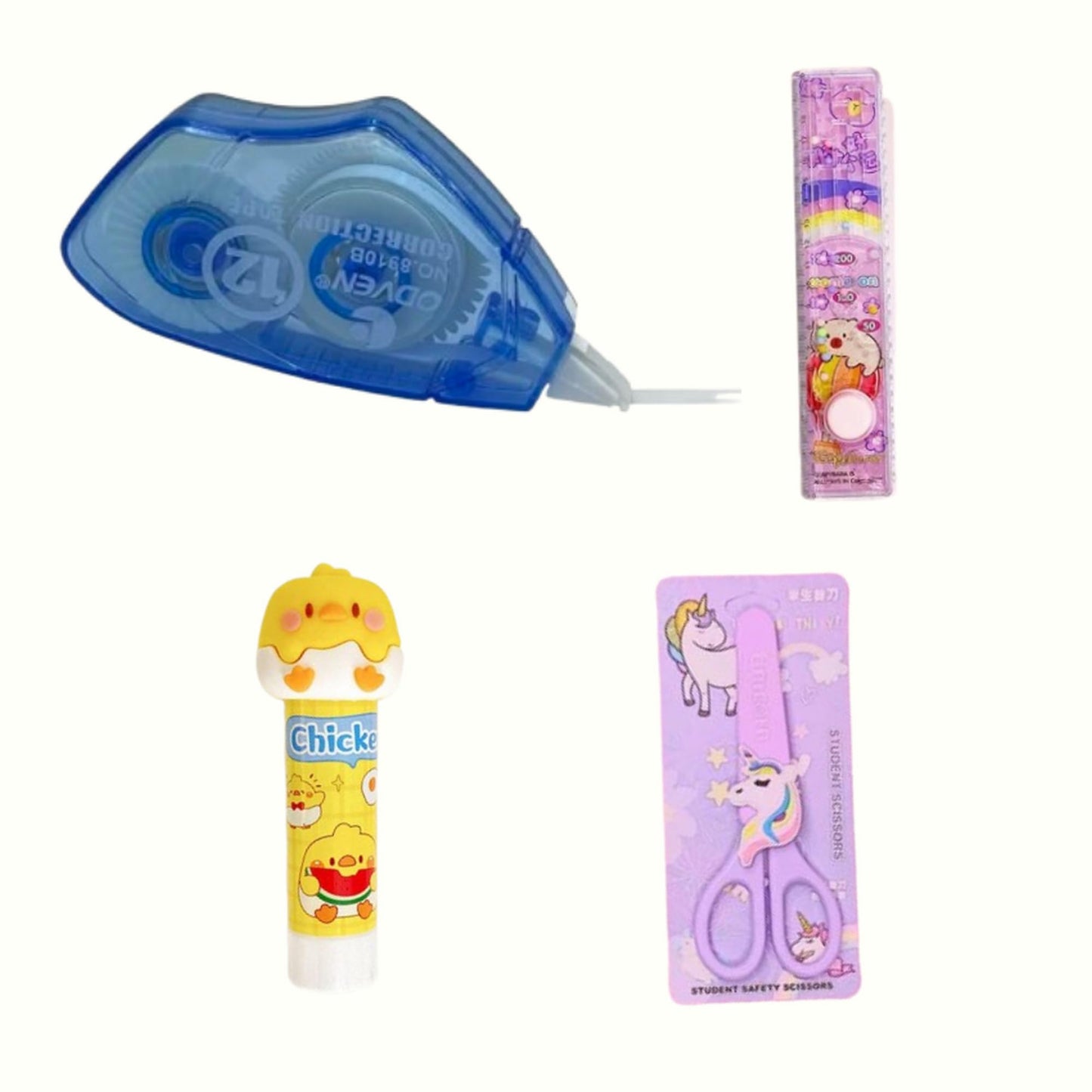 Kalra Magic Kids Stationery Essentials Combo (Set Of 4)  Correction Tape, Glue Stick, Water Scale & Safety Scissors | Fun & Pra