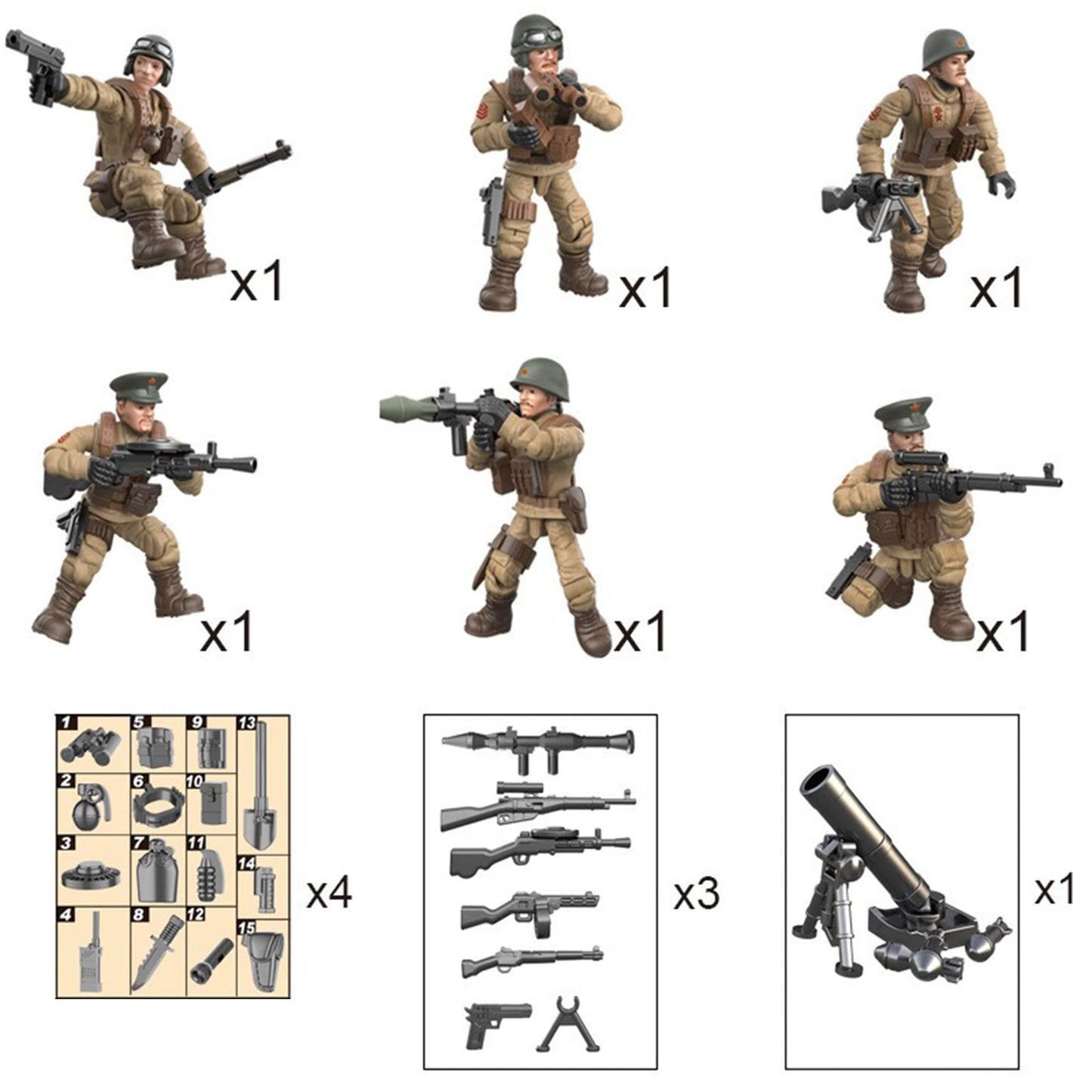MEIEST 6 PCS Mini WWII Soldier Military Action Figures  Army Model Building Block Toys with Multiple Military  Accessories Party Favors Set for Kids (Soviet Army)