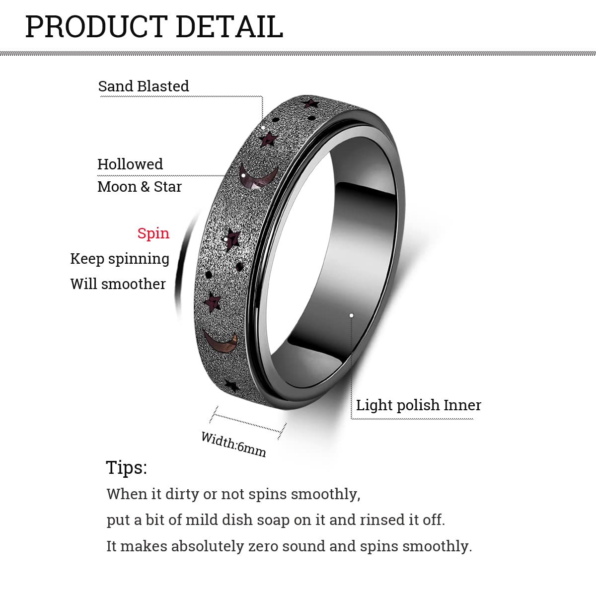 MHWTTY Anxiety Ring for Women Fidget Ring Stainless Steel Spinner Rings Fidget Toys Adults Gift for Women Men Black Size 6