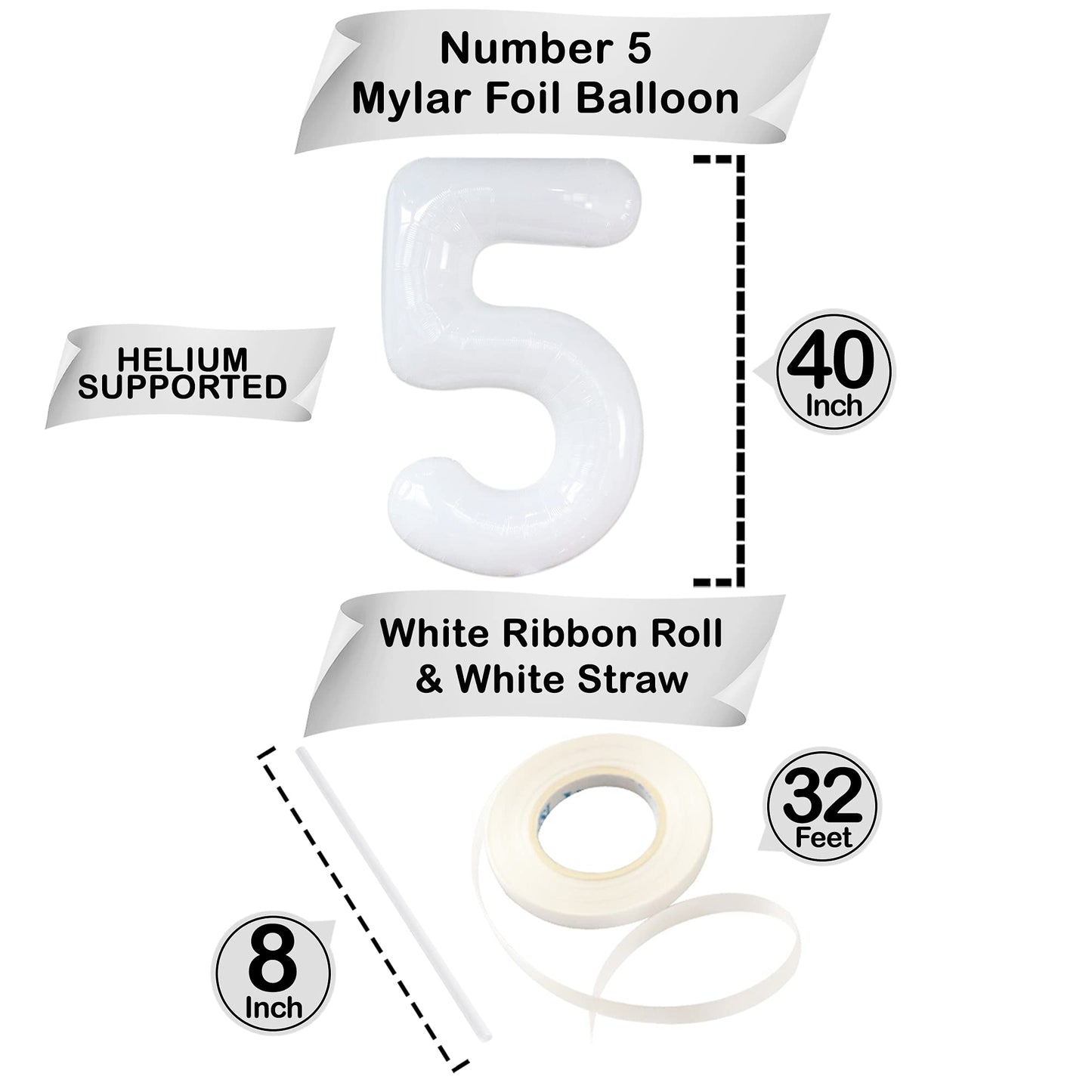 White Number 5 Balloons For 5Th Birthday Decorations - Large 40 Inch 5Th Birthday Balloons Decorations | Foil White 5 Balloon Number For 5 Year Old Birthday, Anniversary, 5Th Birthday Party Supplies