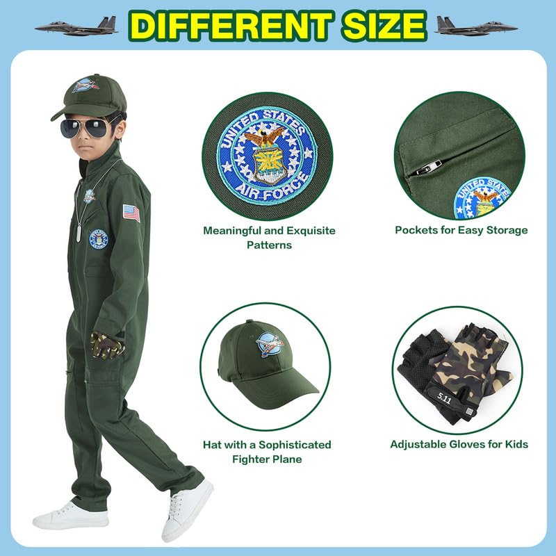 Zoruis Pilot Costume For Children, Top Air Force Aircraft Cosplay Costume With Cap, Glasses, Gloves, Pendant For Halloween Party
