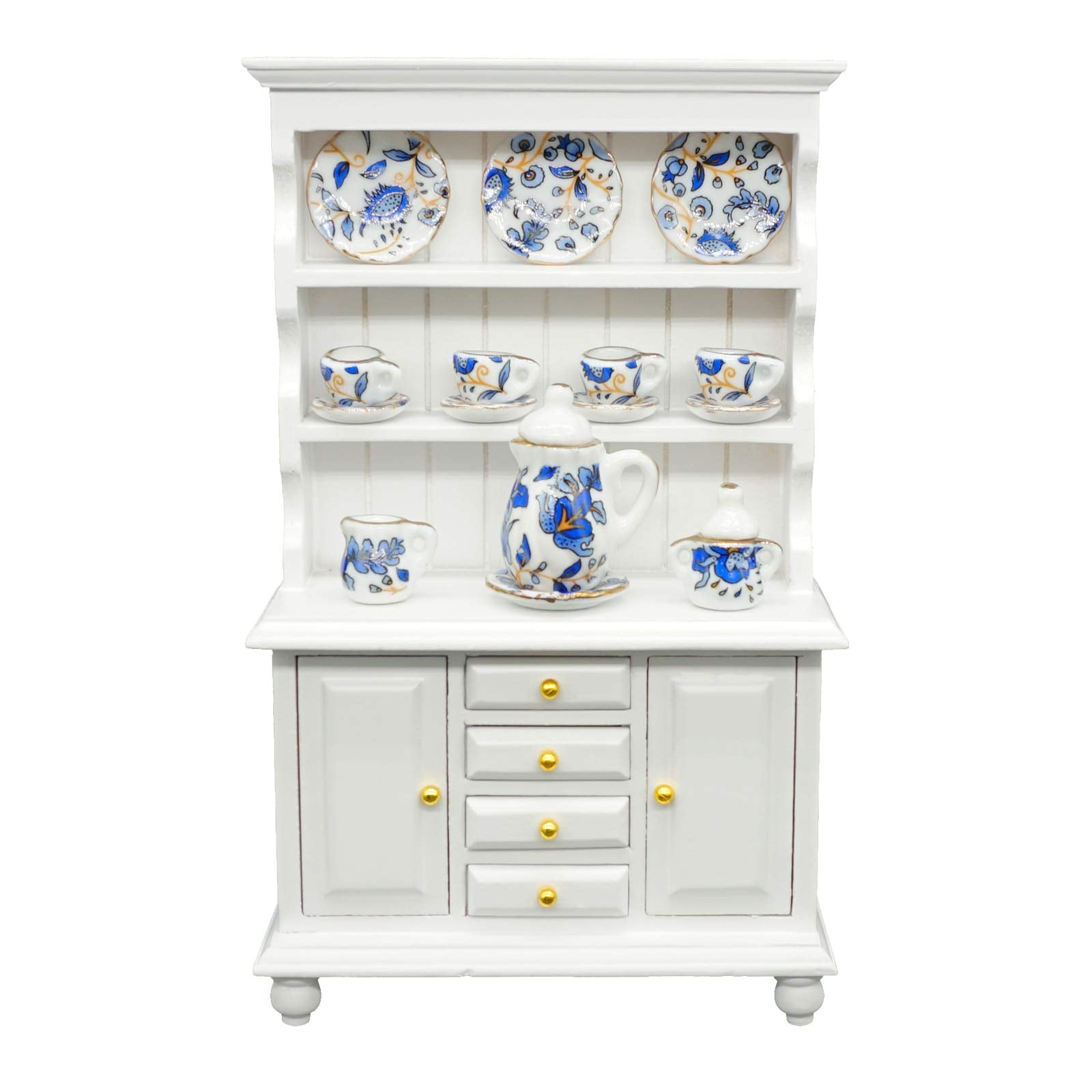 Samcami Miniature Dollhouse Furniture Kitchen Set - Kitchen Cabinet Cupboards And Tea Set – 1 12 Scale Dollhouse Accessories