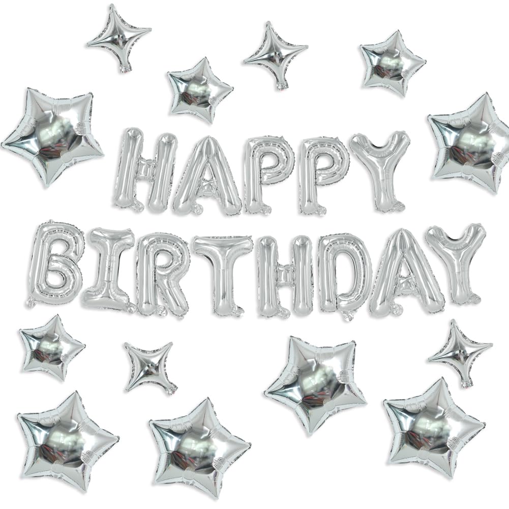Toniful 35Pcs Silver Happy Birthday Decorations 16 Inch Happy Birthday Balloon Banner With Star Balloons Mylar Foil Birthday Par