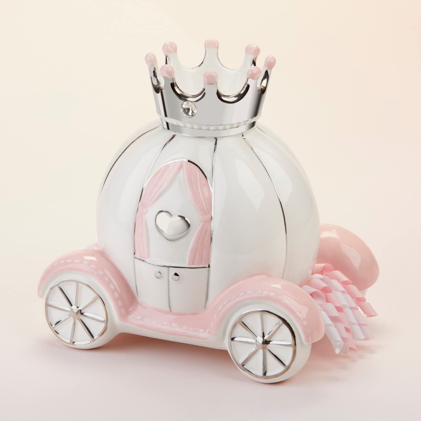 Baby Aspen Ceramic Porcelain Princess Carriage Piggy Bank, For A Baby Shower Or Baby Girl Room Decor, Pink/Silver/White