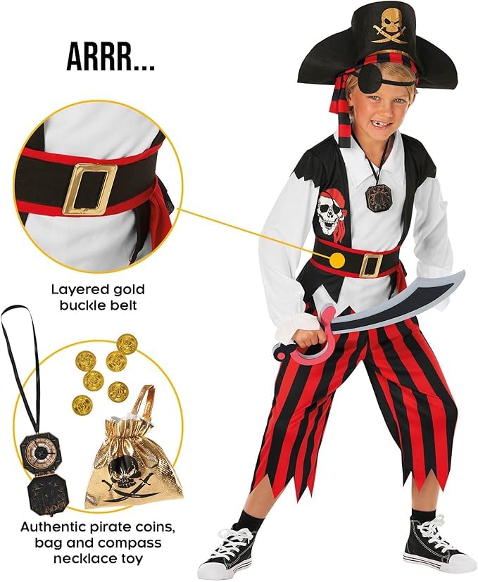 Morph Kids Pirate Costume - Boys Pirate Outfit For Halloween Dress Up, Adventure Play, And Costume Parties, 10-12 Years